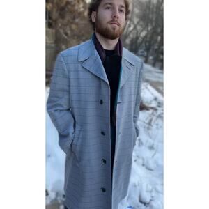 Vintage Sears Travelknit Glen Plaid Overcoat 42R Gray Black Lined Coat 1970s